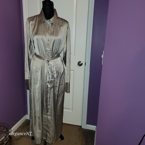 H & M Silver Striped Long Sleeve Button Down Dress Sz: L NWT - Picture 2 of 10